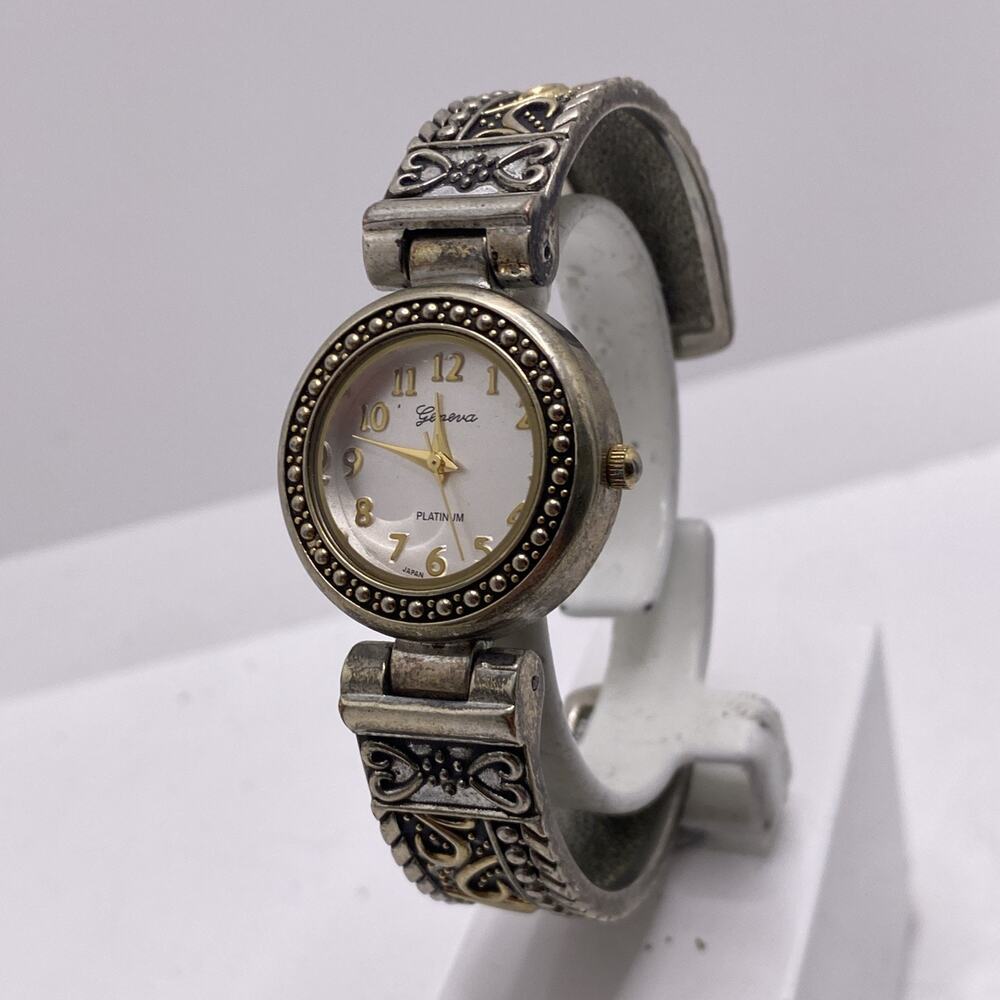 Womens Vintage Silver Gold Tone Cuff Bangle Watch Works New Battery
